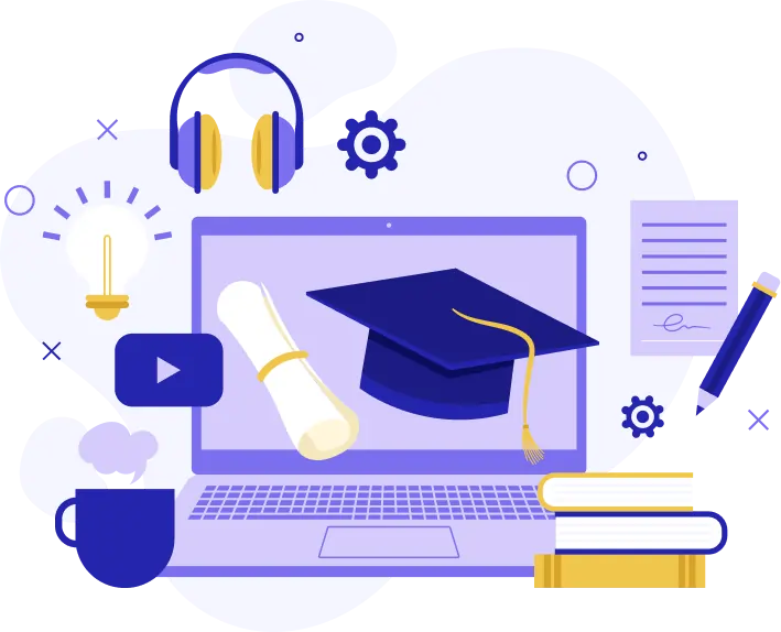laptop with graduation cap, books and certificate in e learning concept
